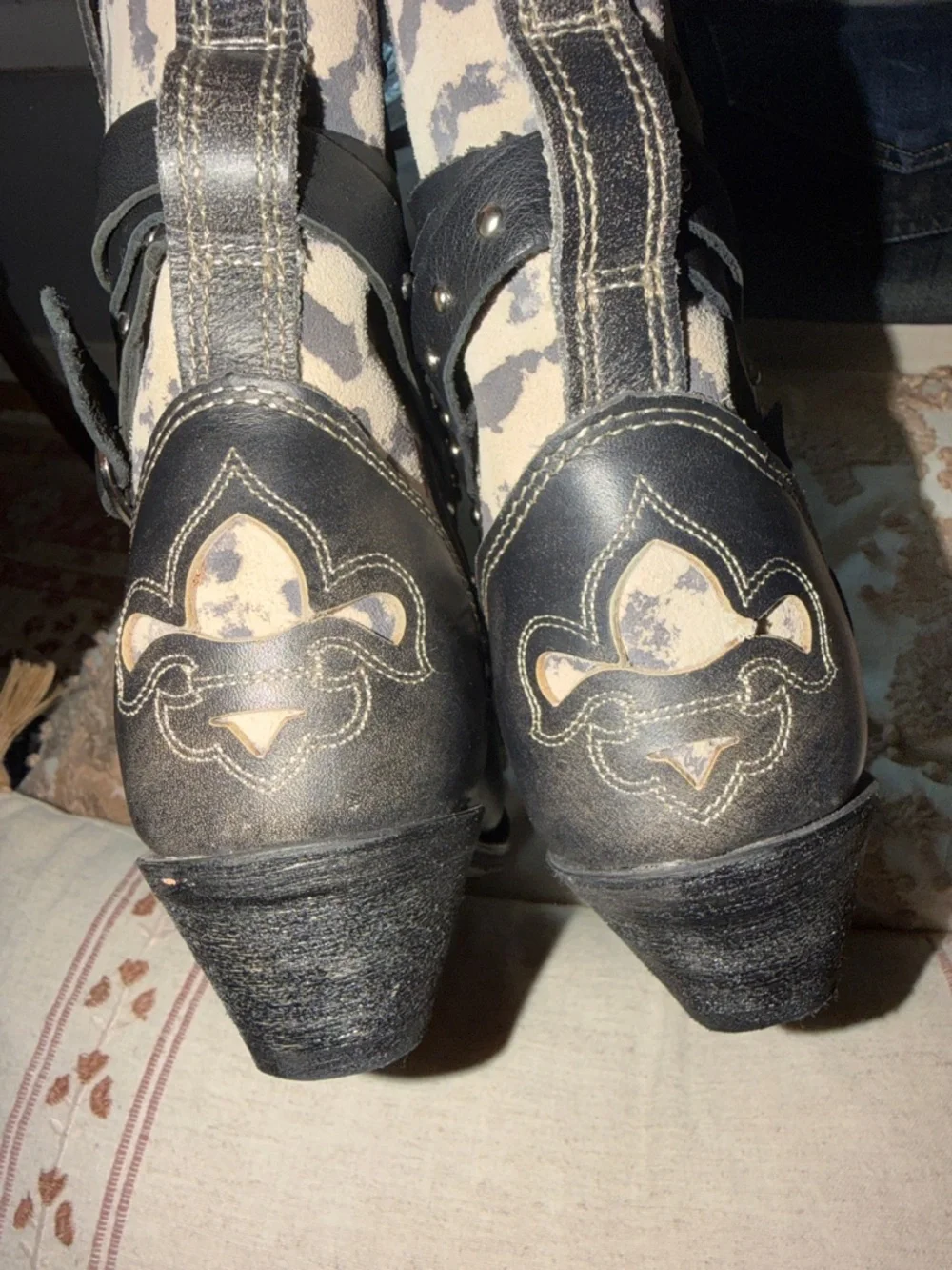 Western-Inspired Black and Cream Ankle Bootie with Buckle Strap